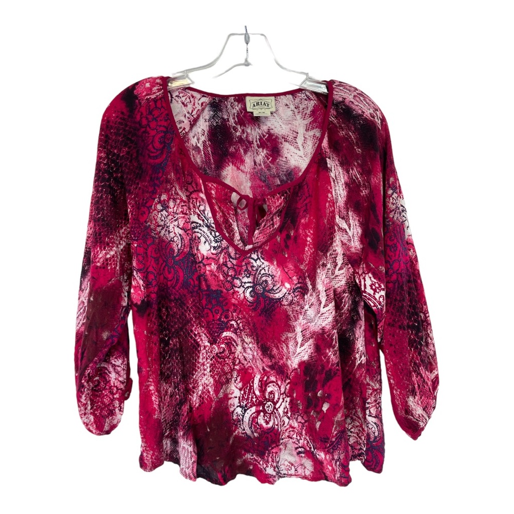Ariat Womens Sz‎ Medium Red Floral Swoop Neck Tie Front Pullover shirt (H1)